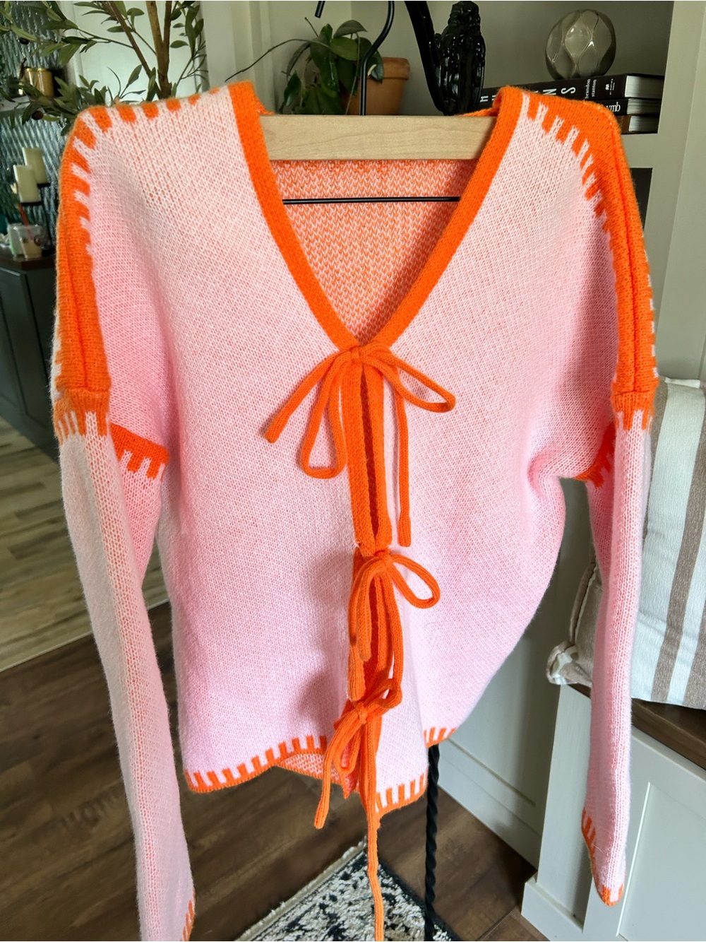 Pink & Orange Tie-Front Women's Sweater